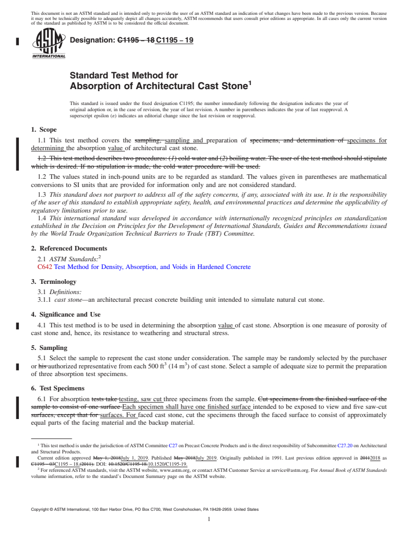 REDLINE ASTM C1195-19 - Standard Test Method for Absorption of Architectural Cast Stone