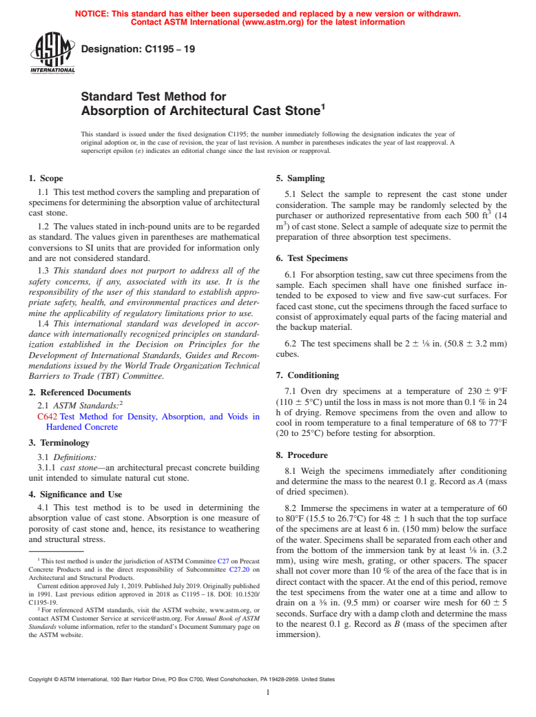 ASTM C1195-19 - Standard Test Method for Absorption of Architectural Cast Stone