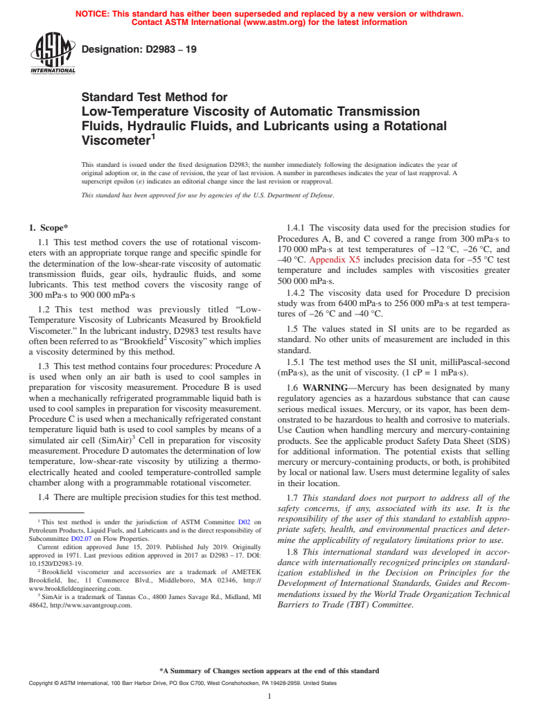 ASTM D2983-19 - Standard Test Method for  Low-Temperature Viscosity of Automatic Transmission Fluids,  Hydraulic Fluids, and Lubricants using a Rotational Viscometer