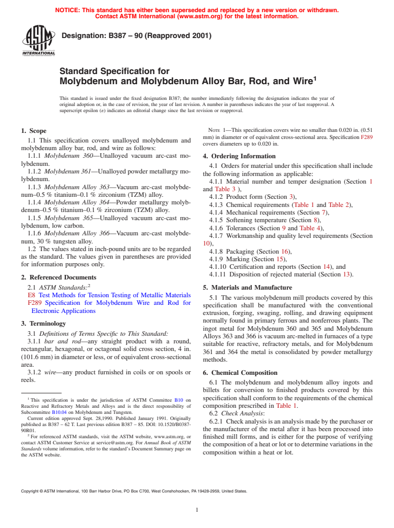 ASTM B387-90(2001) - Standard Specification for Molybdenum and Molybdenum Alloy Bar, Rod, and Wire (Withdrawn 2010)