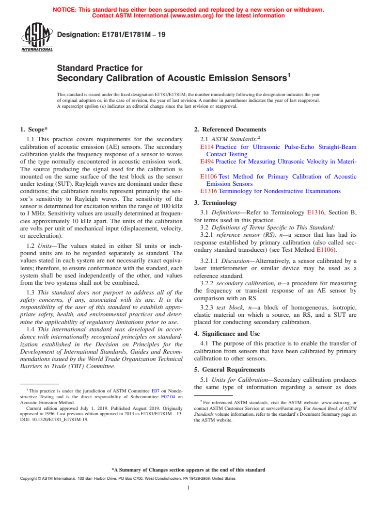 ASTM E1781/E1781M-19 - Standard Practice for  Secondary Calibration of Acoustic Emission Sensors