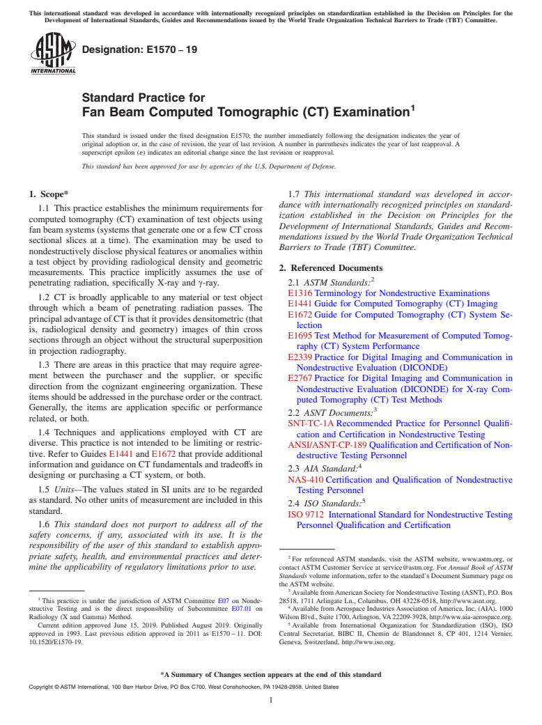 ASTM E1570-19 - Standard Practice for  Fan Beam Computed Tomographic (CT) Examination