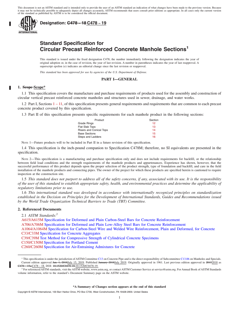 REDLINE ASTM C478-19 - Standard Specification for  Circular Precast Reinforced Concrete Manhole Sections