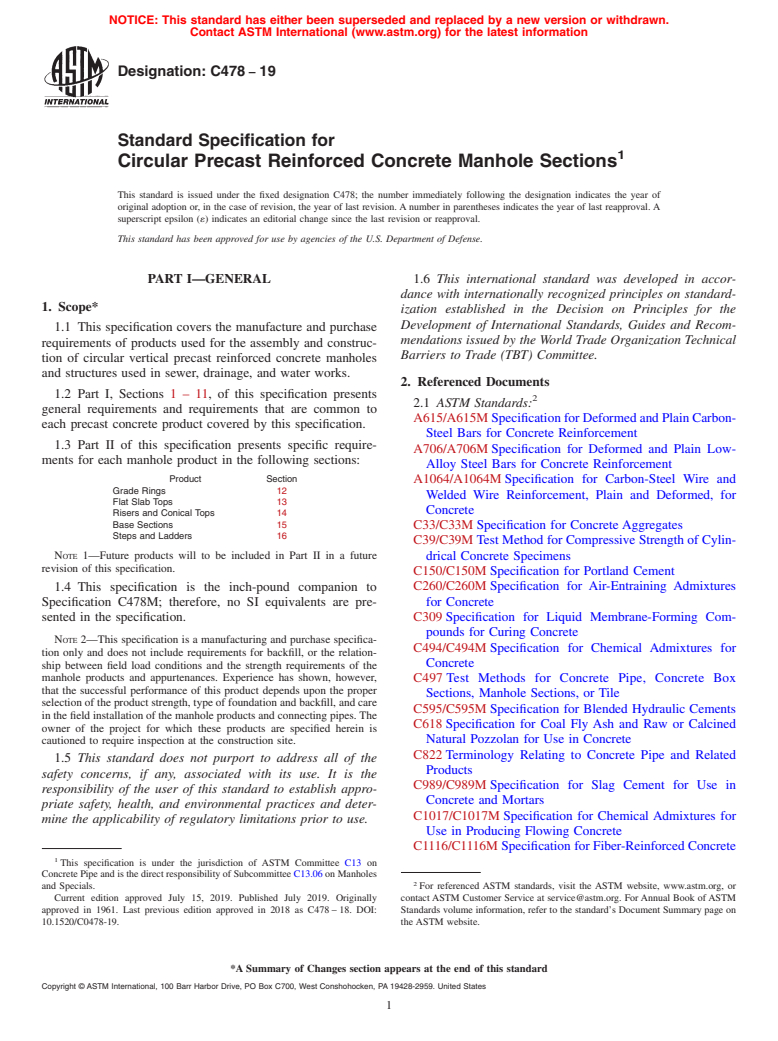 ASTM C478-19 - Standard Specification for  Circular Precast Reinforced Concrete Manhole Sections