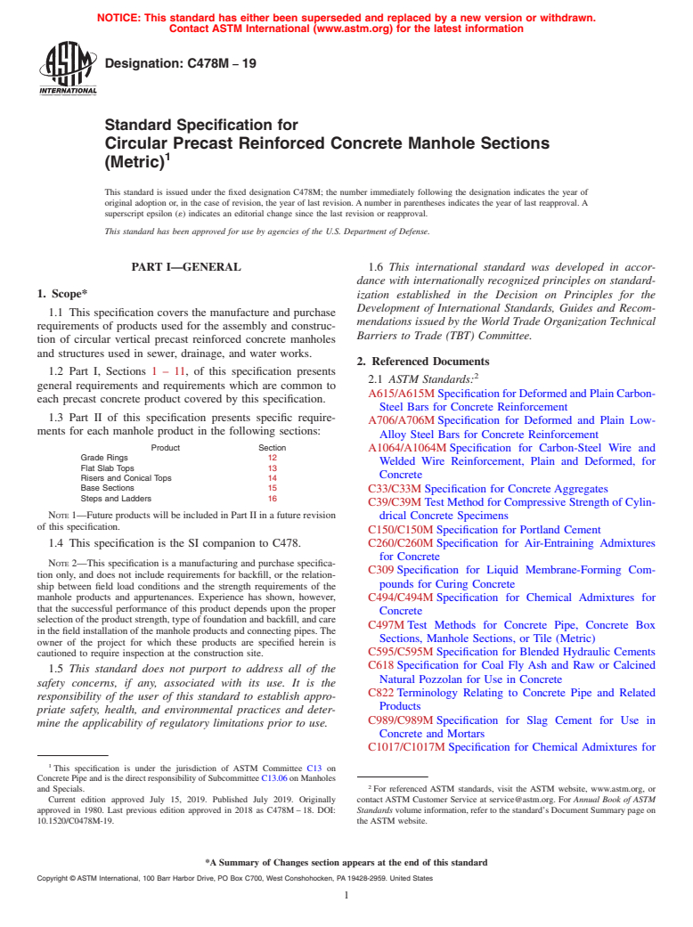 ASTM C478M-19 - Standard Specification for Circular Precast Reinforced Concrete Manhole Sections (Metric) (Withdrawn 2020)