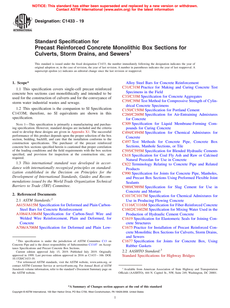 ASTM C1433-19 - Standard Specification for  Precast Reinforced Concrete Monolithic Box Sections for Culverts,  Storm Drains, and Sewers