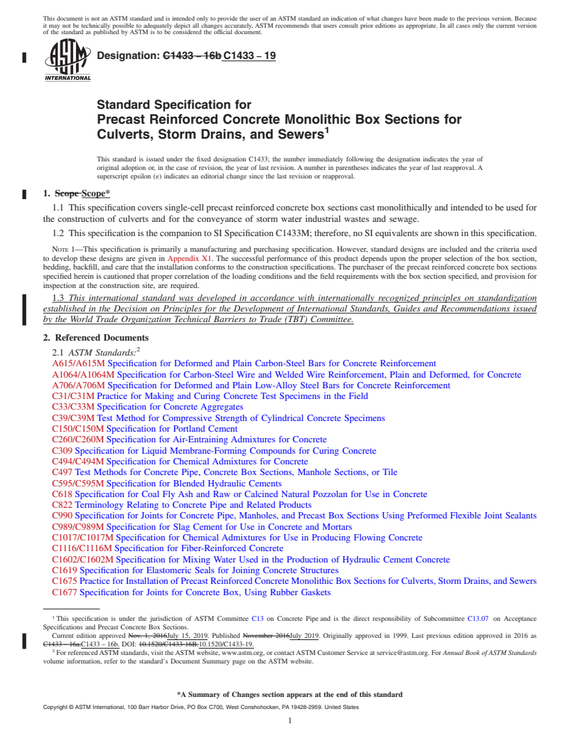 REDLINE ASTM C1433-19 - Standard Specification for  Precast Reinforced Concrete Monolithic Box Sections for Culverts,  Storm Drains, and Sewers