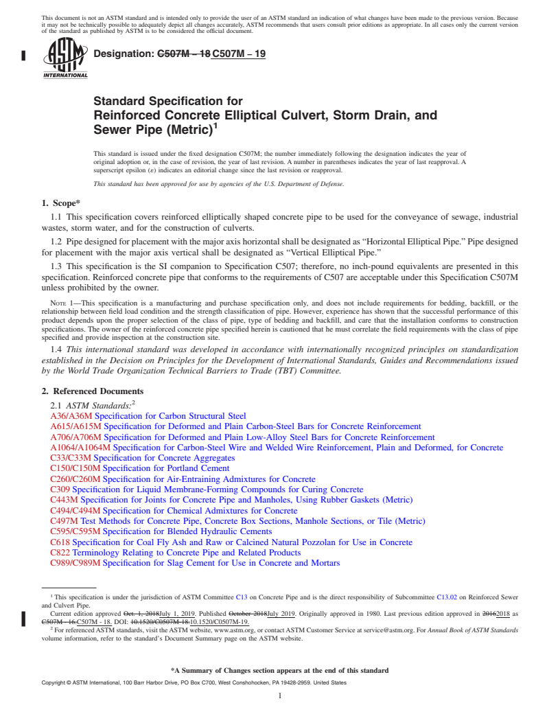 REDLINE ASTM C507M-19 - Standard Specification for Reinforced Concrete Elliptical Culvert, Storm Drain, and Sewer  Pipe (Metric)