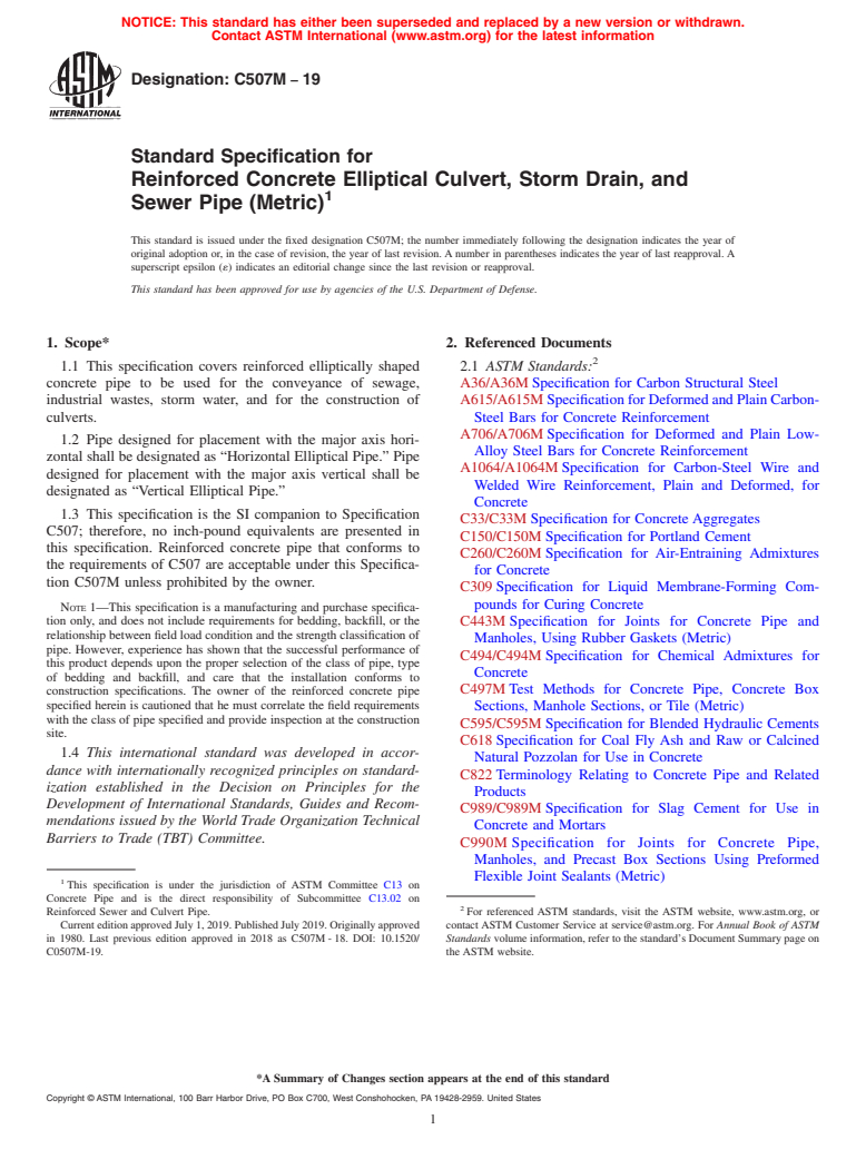 ASTM C507M-19 - Standard Specification for Reinforced Concrete Elliptical Culvert, Storm Drain, and Sewer  Pipe (Metric)