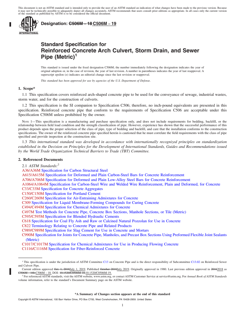 REDLINE ASTM C506M-19 - Standard Specification for Reinforced Concrete Arch Culvert, Storm Drain, and Sewer Pipe  (Metric)