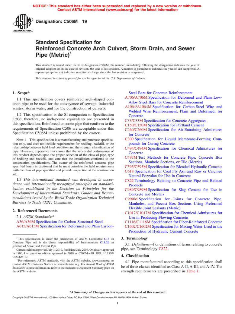 ASTM C506M-19 - Standard Specification for Reinforced Concrete Arch Culvert, Storm Drain, and Sewer Pipe  (Metric)