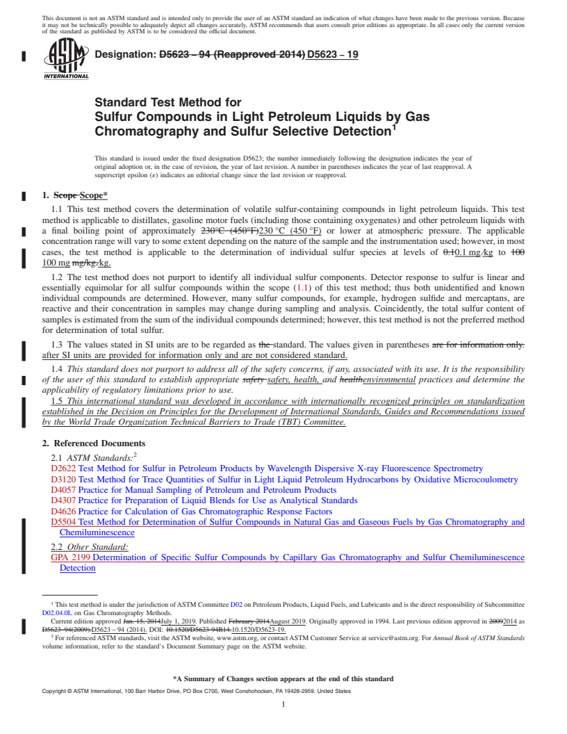 REDLINE ASTM D5623-19 - Standard Test Method for  Sulfur Compounds in Light Petroleum Liquids by Gas Chromatography  and Sulfur Selective Detection