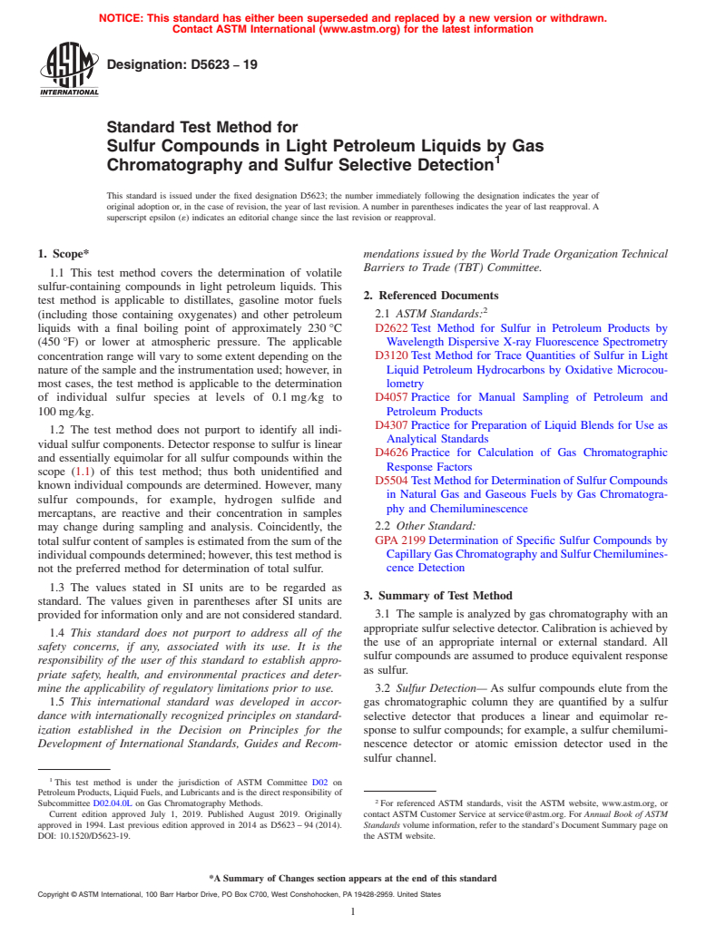 ASTM D5623-19 - Standard Test Method for  Sulfur Compounds in Light Petroleum Liquids by Gas Chromatography  and Sulfur Selective Detection