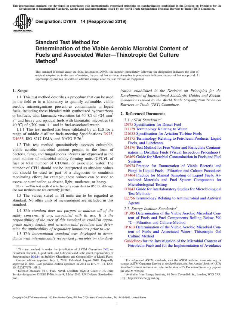 ASTM D7978-14(2019) - Standard Test Method for Determination of the Viable Aerobic Microbial Content of Fuels  and Associated Water&#x2014;Thixotropic Gel Culture Method