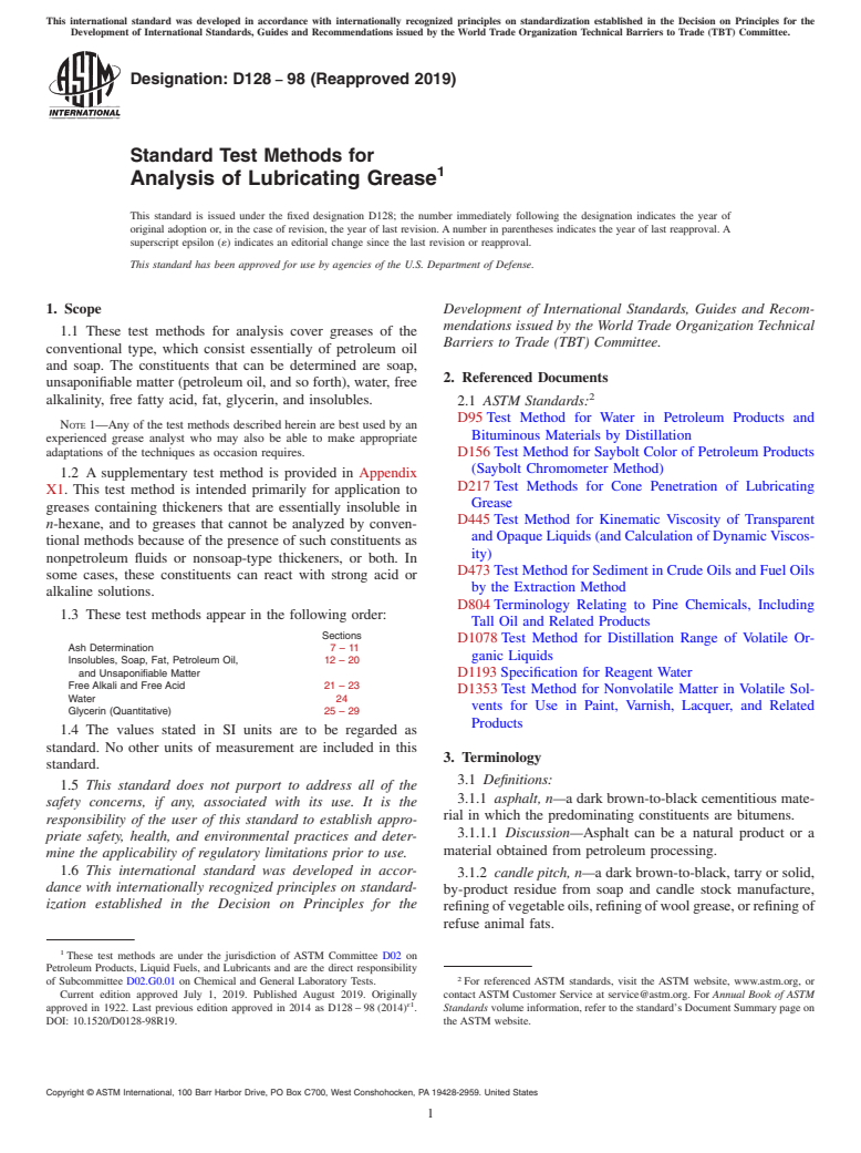 ASTM D128-98(2019) - Standard Test Methods for  Analysis of Lubricating Grease