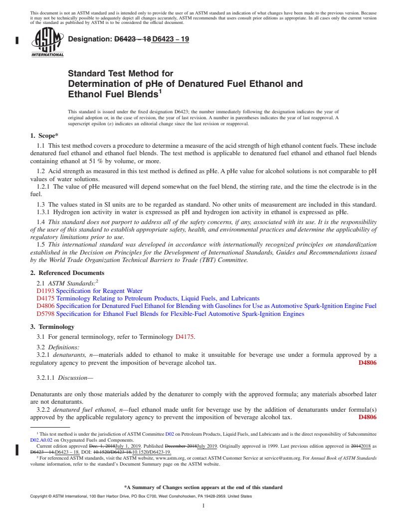 REDLINE ASTM D6423-19 - Standard Test Method for  Determination of pHe of Denatured Fuel Ethanol and Ethanol  Fuel Blends