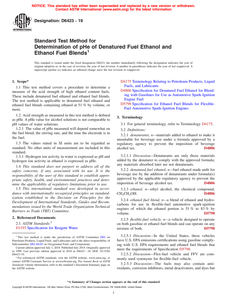 ASTM D6423-19 - Standard Test Method for  Determination of pHe of Denatured Fuel Ethanol and Ethanol  Fuel Blends