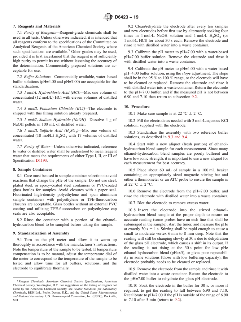 ASTM D6423-19 - Standard Test Method for  Determination of pHe of Denatured Fuel Ethanol and Ethanol  Fuel Blends