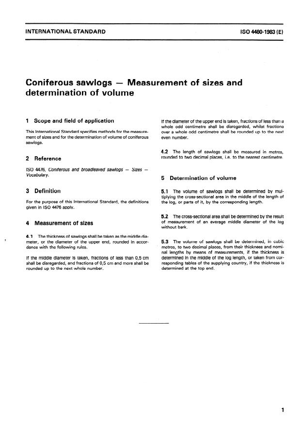 ISO 4480:1983 - Coniferous sawlogs -- Measurement of sizes and determination of volume