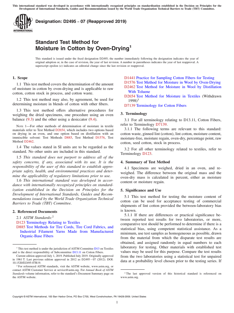ASTM D2495-07(2019) - Standard Test Method for  Moisture in Cotton by Oven-Drying