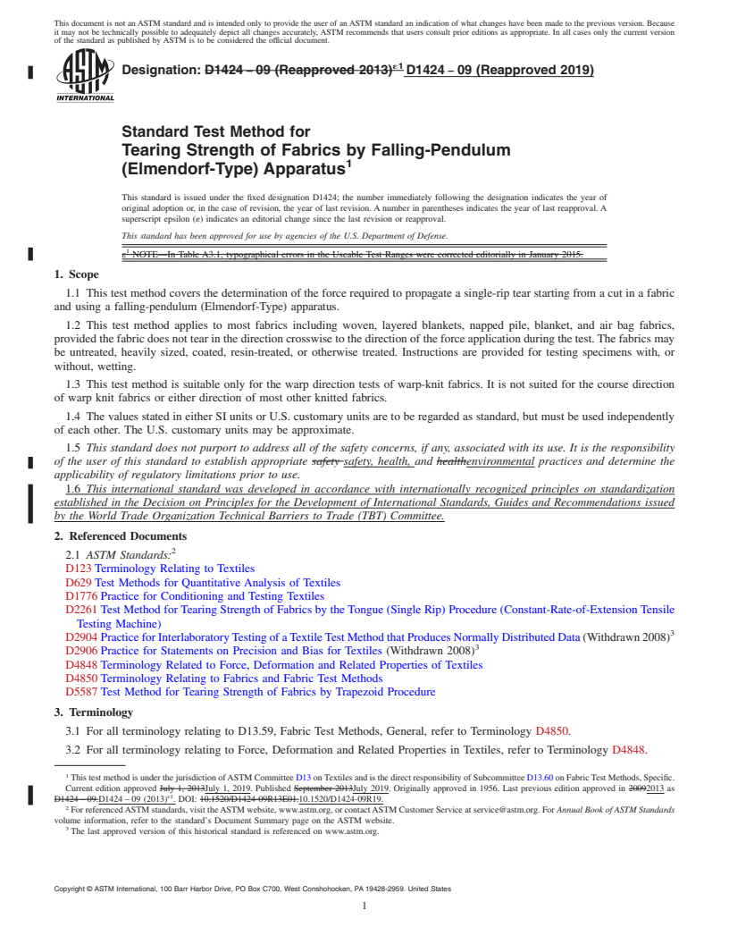 REDLINE ASTM D1424-09(2019) - Standard Test Method for  Tearing Strength of Fabrics by Falling-Pendulum (Elmendorf-Type)  Apparatus