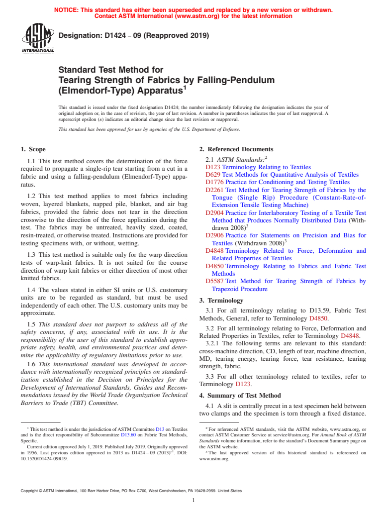 ASTM D1424-09(2019) - Standard Test Method for  Tearing Strength of Fabrics by Falling-Pendulum (Elmendorf-Type)  Apparatus