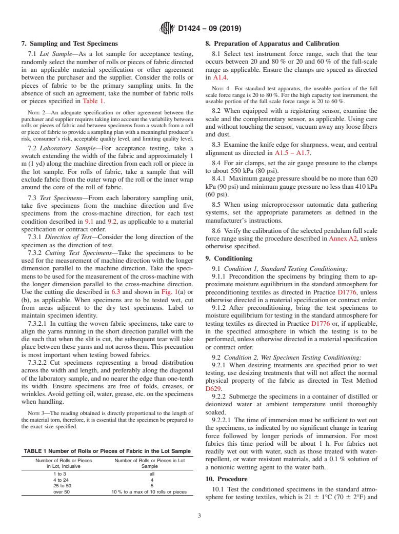 ASTM D1424-09(2019) - Standard Test Method for  Tearing Strength of Fabrics by Falling-Pendulum (Elmendorf-Type)  Apparatus