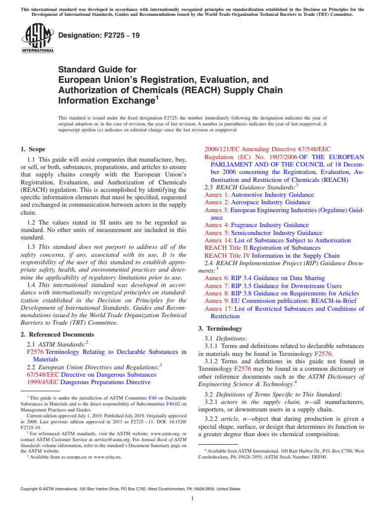 ASTM F2725-19 - Standard Guide for  European Union&apos;s Registration, Evaluation, and Authorization   of Chemicals (REACH) Supply Chain Information Exchange