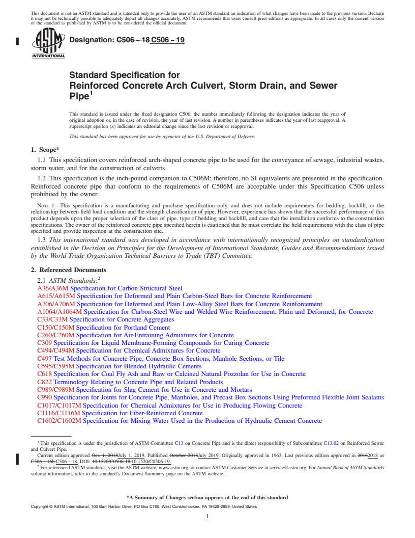 REDLINE ASTM C506-19 - Standard Specification for  Reinforced Concrete Arch Culvert, Storm Drain, and Sewer Pipe