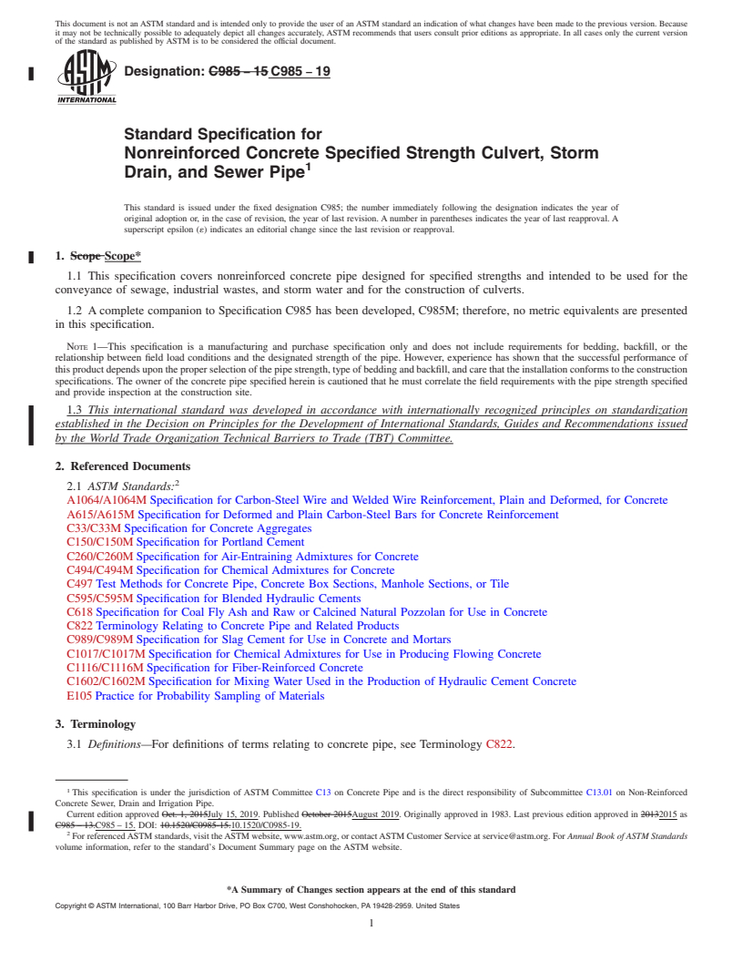 REDLINE ASTM C985-19 - Standard Specification for  Nonreinforced Concrete Specified Strength Culvert, Storm Drain,  and Sewer Pipe