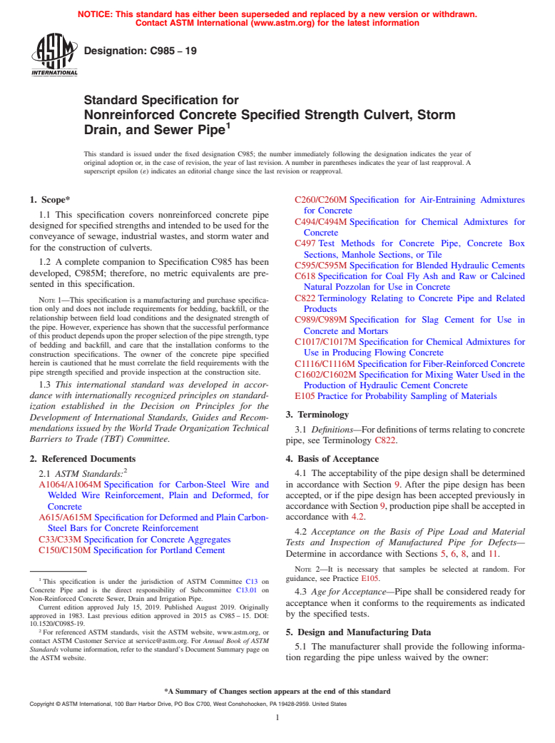 ASTM C985-19 - Standard Specification for  Nonreinforced Concrete Specified Strength Culvert, Storm Drain,  and Sewer Pipe