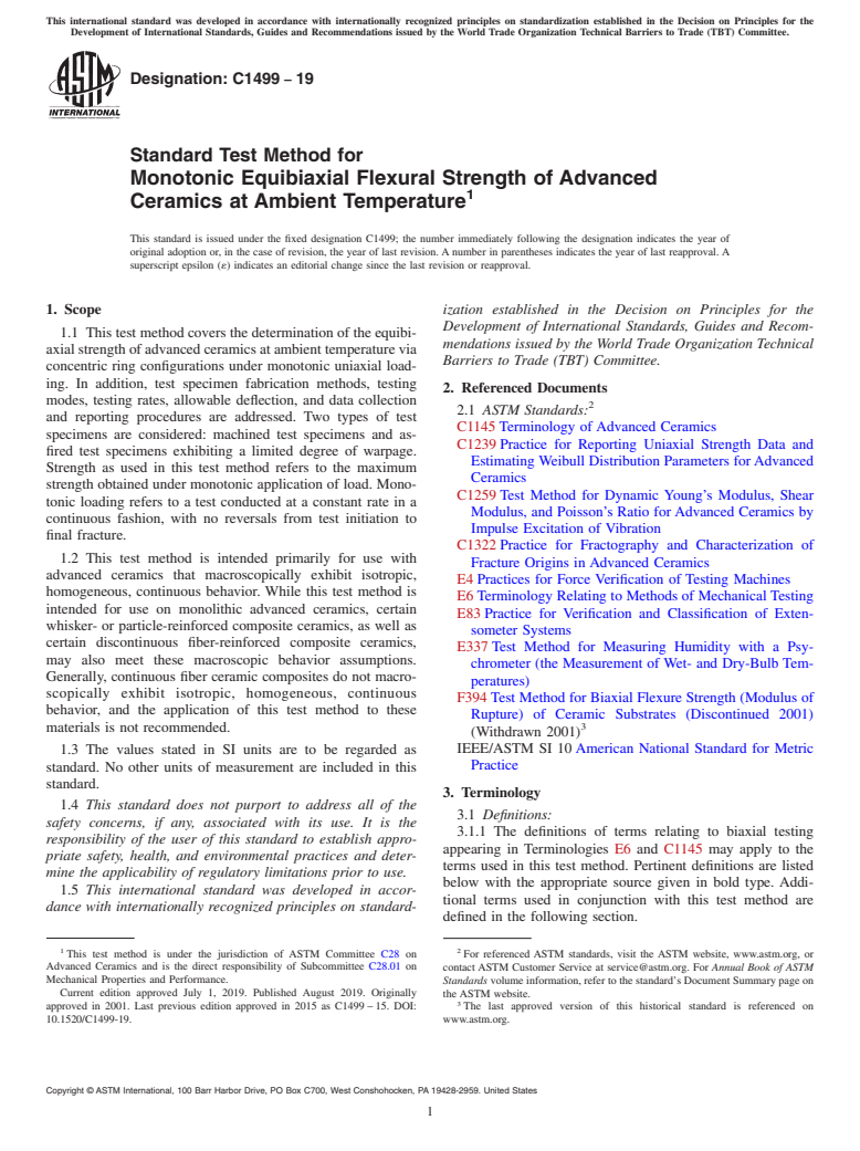 ASTM C1499-19 - Standard Test Method for Monotonic Equibiaxial Flexural Strength of Advanced Ceramics   at Ambient Temperature