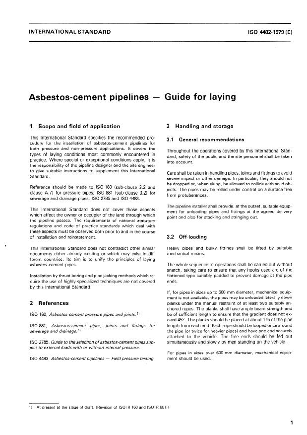 ISO 4482:1979 - Asbestos-cement pipelines -- Guide for laying