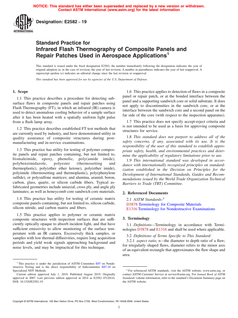 ASTM E2582-19 - Standard Practice for  Infrared Flash Thermography of Composite Panels and Repair  Patches Used in Aerospace Applications