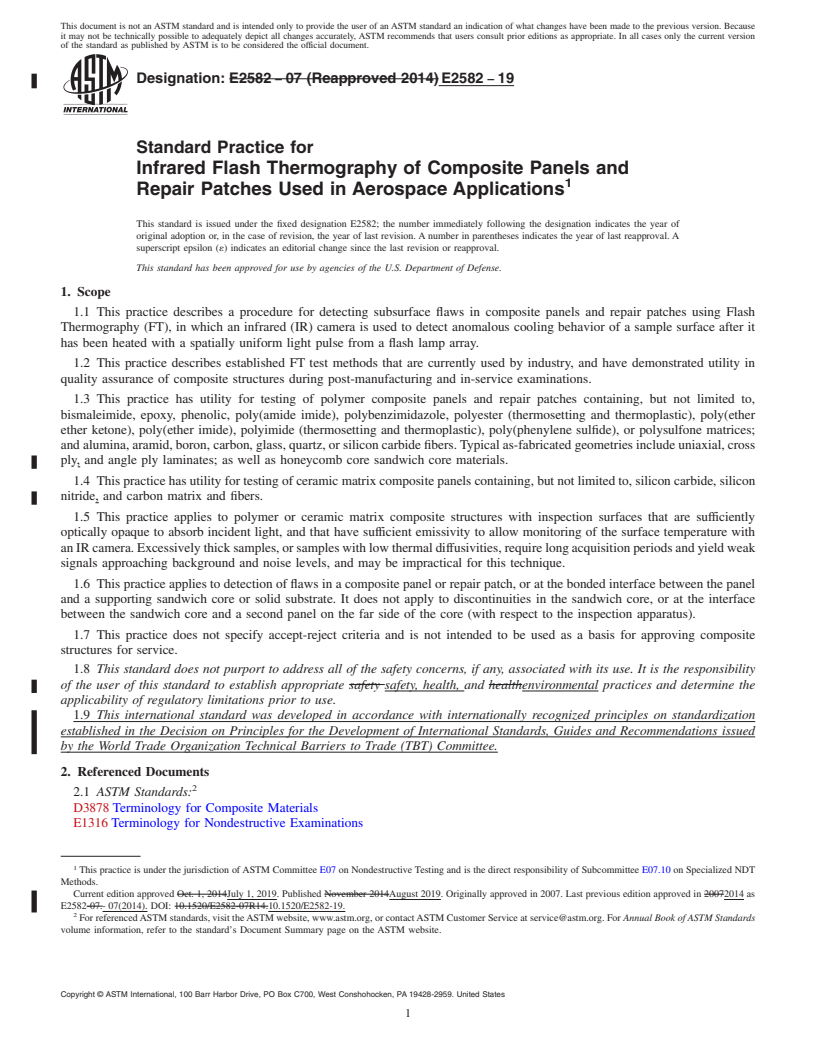 REDLINE ASTM E2582-19 - Standard Practice for  Infrared Flash Thermography of Composite Panels and Repair  Patches Used in Aerospace Applications