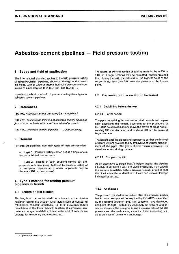 ISO 4483:1979 - Asbestos-cement pipelines -- Field pressure testing