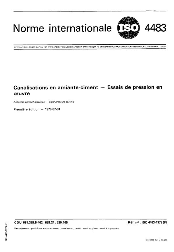 ISO 4483:1979 - Canalisations en amiante-ciment -- Essais de pression en oeuvre