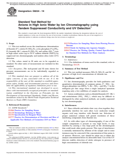 ASTM D8234-19 ASTM D8234-19 - Standard Test Method for Anions in High Ionic Water by Ion Chromatography using Tandem Suppressed Conductivity and UV Detection - Page 1 preview