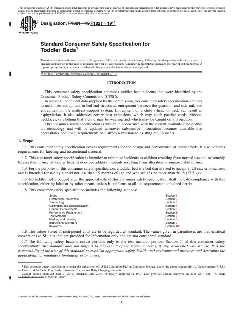 REDLINE ASTM F1821-19e1 - Standard Consumer Safety Specification for  Toddler Beds