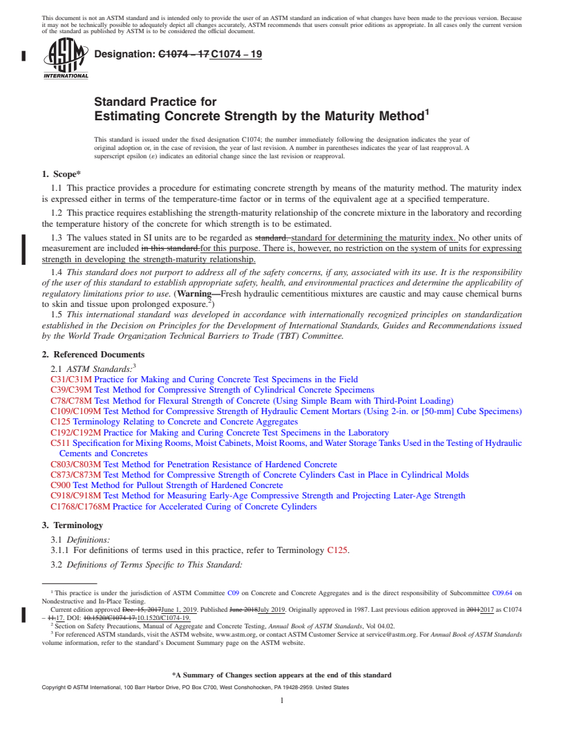 REDLINE ASTM C1074-19 - Standard Practice for Estimating Concrete Strength by the Maturity Method