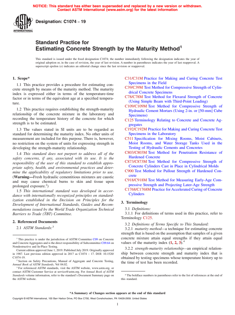 ASTM C1074-19 - Standard Practice for Estimating Concrete Strength by the Maturity Method