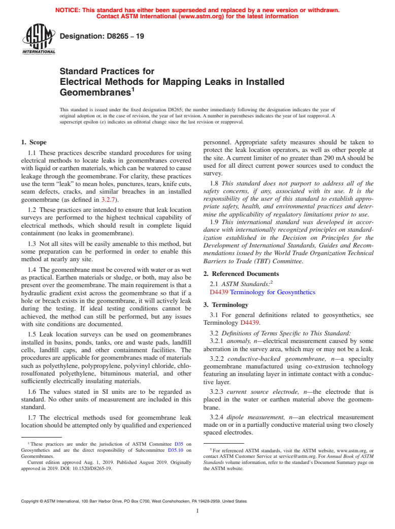 ASTM D8265-19 - Standard Practices for Electrical Methods for Mapping Leaks in Installed Geomembranes