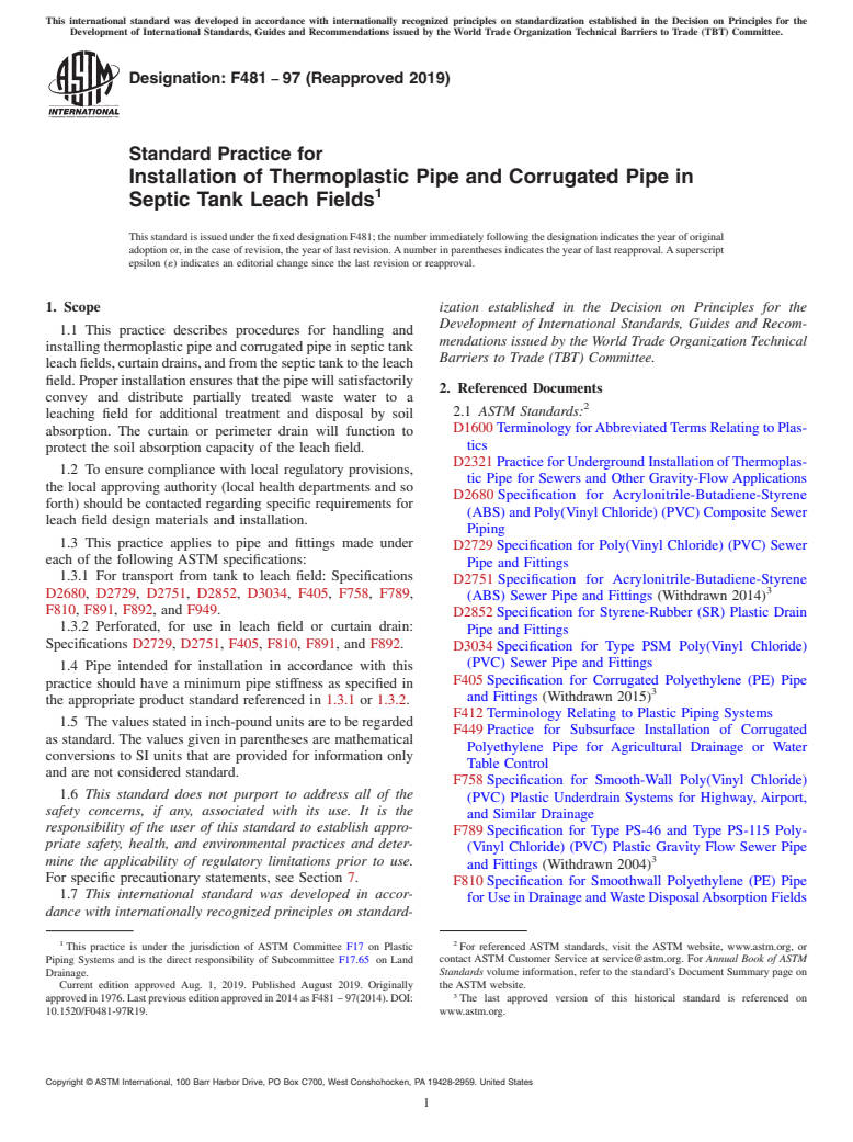 ASTM F481-97(2019) - Standard Practice for Installation of Thermoplastic Pipe and Corrugated Pipe in Septic  Tank Leach Fields