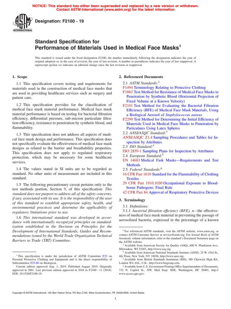 ASTM F2100-19 - Standard Specification for  Performance of Materials Used in Medical Face Masks
