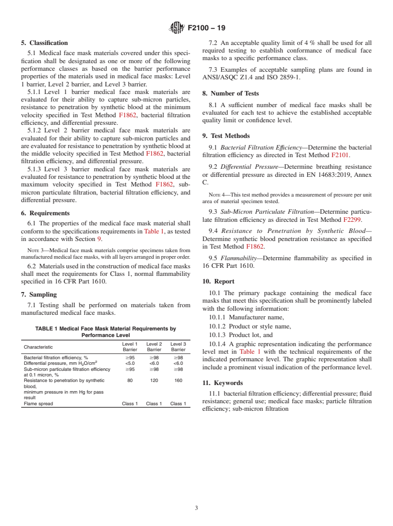 ASTM F2100-19 - Standard Specification for  Performance of Materials Used in Medical Face Masks