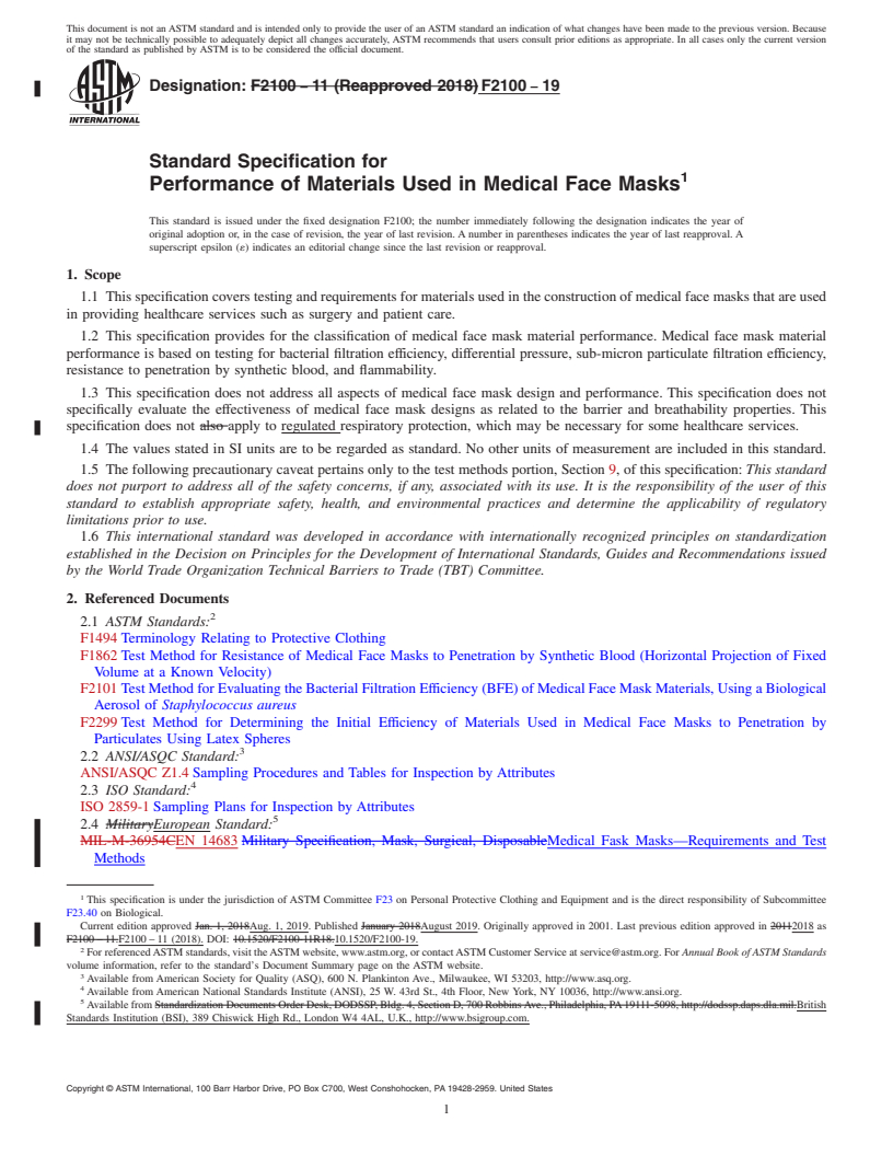 REDLINE ASTM F2100-19 - Standard Specification for  Performance of Materials Used in Medical Face Masks