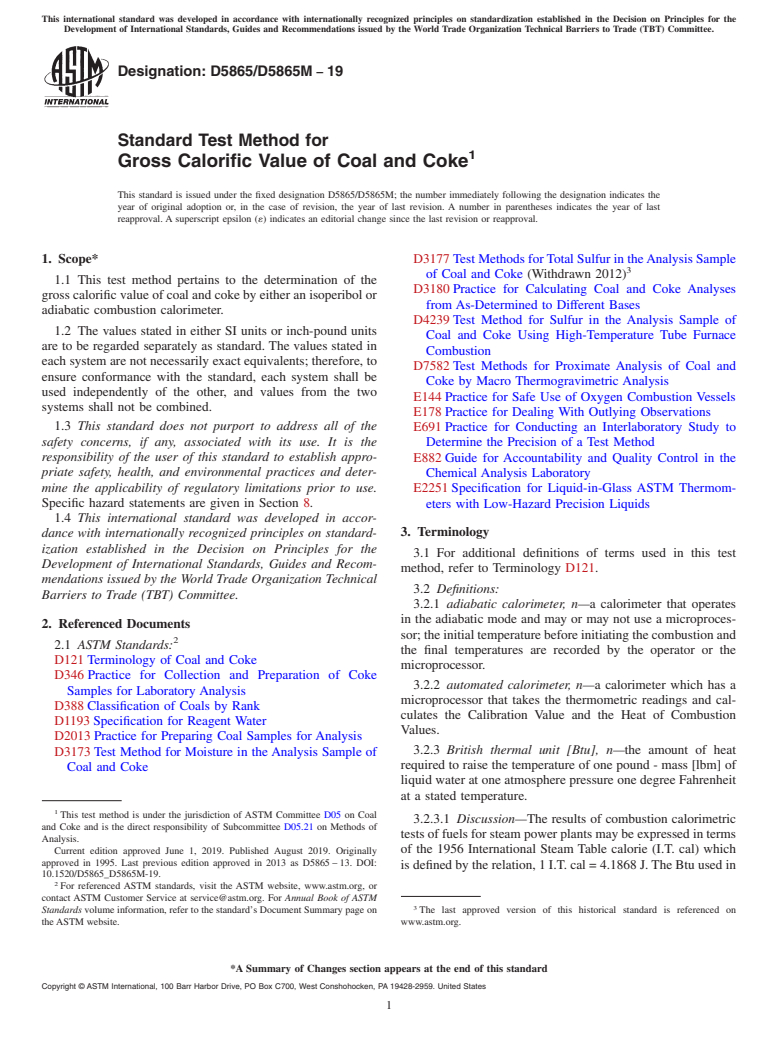 ASTM D5865/D5865M-19 - Standard Test Method for  Gross Calorific Value of Coal and Coke