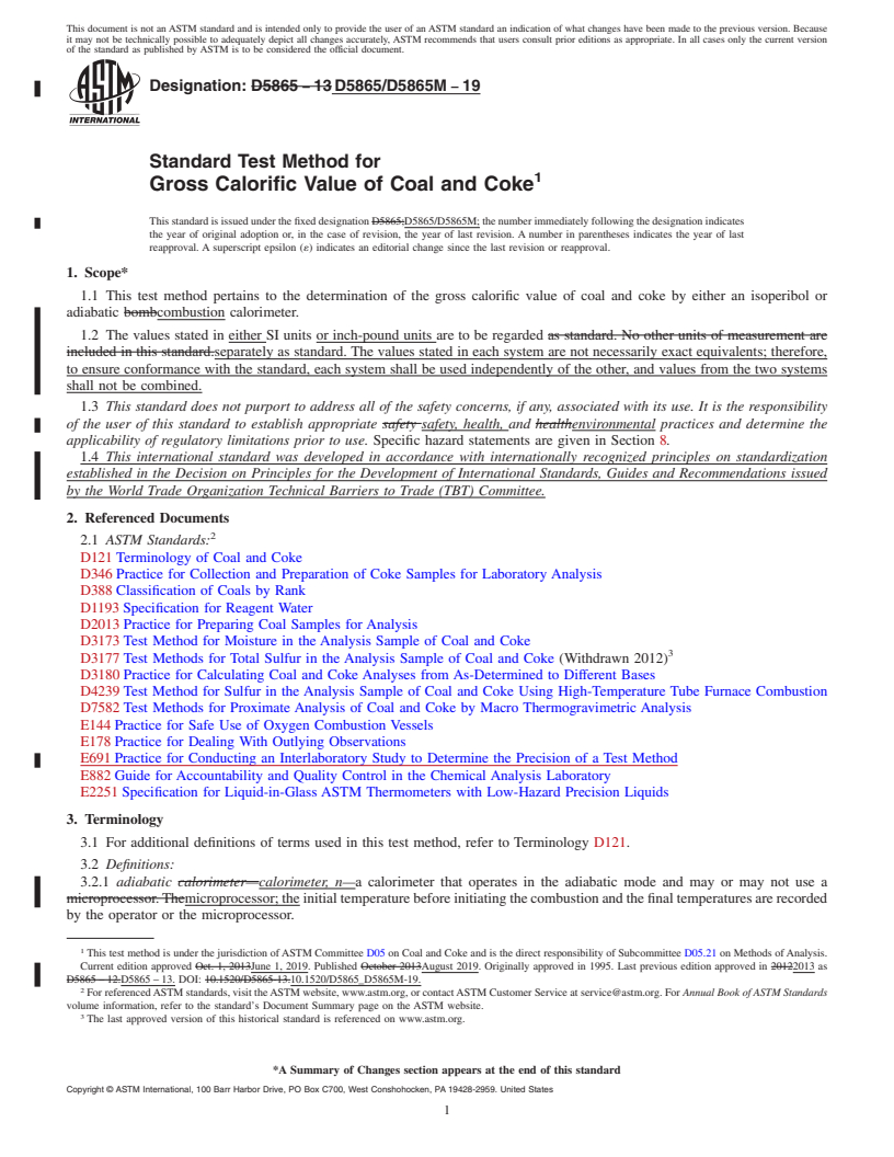 REDLINE ASTM D5865/D5865M-19 - Standard Test Method for  Gross Calorific Value of Coal and Coke