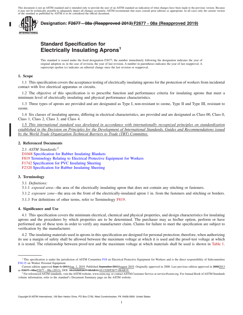 REDLINE ASTM F2677-08a(2019) - Standard Specification for  Electrically Insulating Aprons