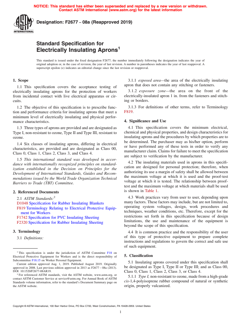 ASTM F2677-08a(2019) - Standard Specification for  Electrically Insulating Aprons